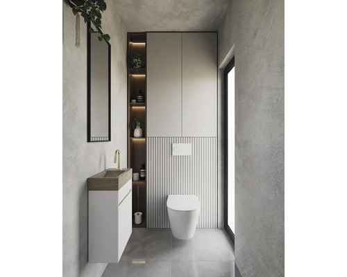 Moderne badkamer met wastafel, toilet, spiegel en opbergruimte