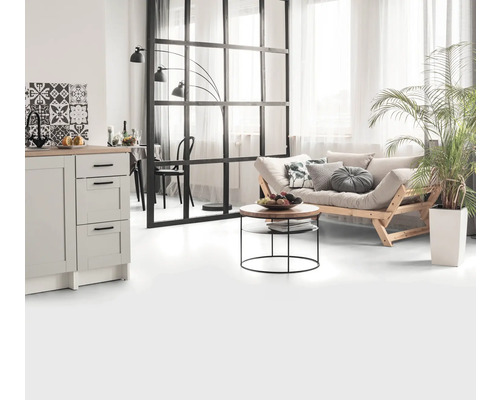 Woonkamer met bank, salontafel, kamerplant en kitchenette