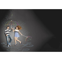 Illustratie van een stel onder kleurrijke, schetsmatige paraplu''s in de regen