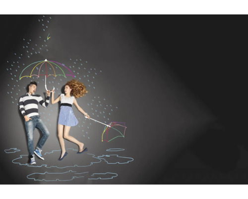 Illustratie van een stel onder kleurrijke, schetsmatige paraplu''s in de regen