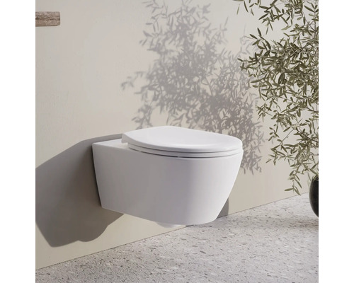 Wandhangend toilet in een lichte badkamer.