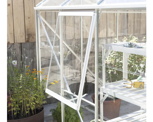 Kas met open raam en schappen