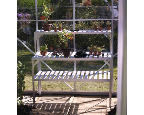 Kweekkasrek met drie niveaus in de kas met planten en tuingereedschap