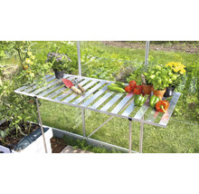 Zilverkleurige kas tafel met groenten en tuingereedschap in de tuin