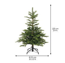 Kunstkerstboom met een hoogte van 120 cm en een diameter van 91 cm.