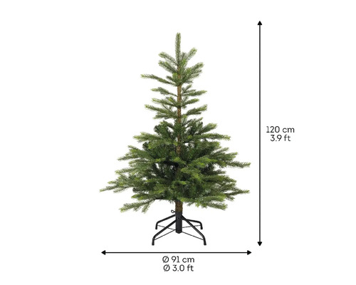 Kunstkerstboom met een hoogte van 120 cm en een diameter van 91 cm.