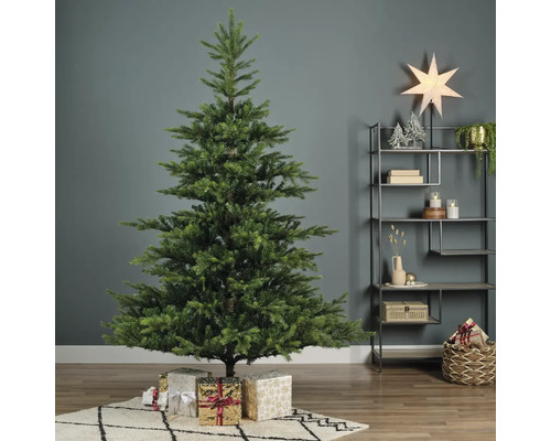 Versierde kerstboom met cadeaus in een woonkamer.