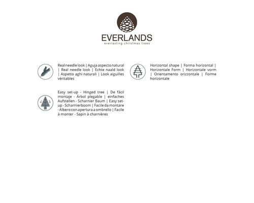 Everlands kerstboom kenmerken: echte naald look, horizontale vorm, eenvoudige montage en scharnierboom