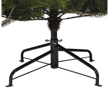 Detailopname van de zwarte metalen voet van een kerstboom voor stabilisatie.