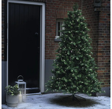 Kunstkerstboom met lichtjes voor een voordeur