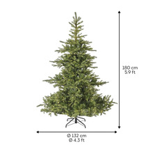 Kunstkerstboom met een hoogte van 180 cm en een diameter van 132 cm.