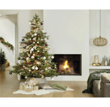 Feestelijk versierde kerstboom in de woonkamer met open haard en cadeaus.