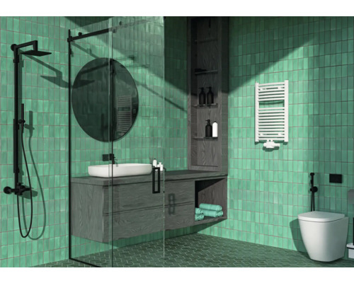 Moderne badkamer met douche, wastafel, spiegel, plank en handdoekradiator