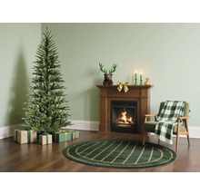 Woonkamer met een kerstboom, cadeaus, open haard, fauteuil en tapijt