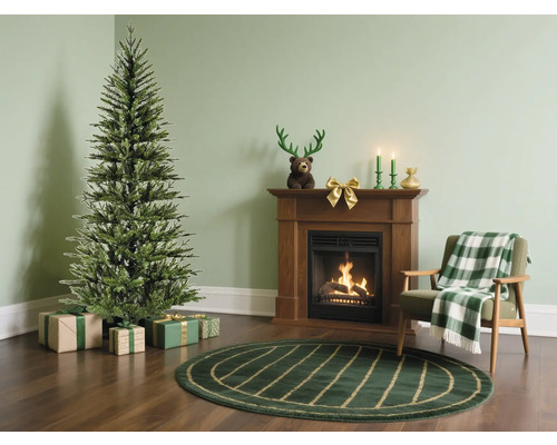 Woonkamer met een kerstboom, cadeaus, open haard, fauteuil en tapijt