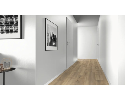 Lichte hal met laminaatvloer, deuren en wanddecoratie