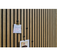 Houten wandpaneel met notities en foto