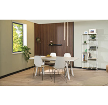 Eetkamer met eettafel, stoelen en boekenkast