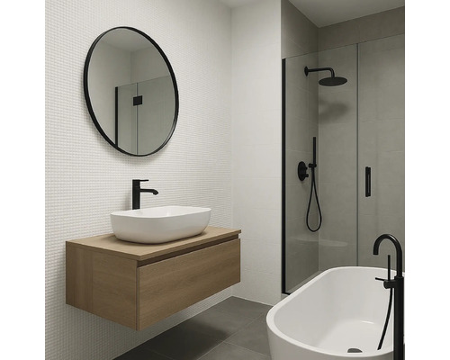 Moderne badkamer met wastafel, spiegel, douche en bad