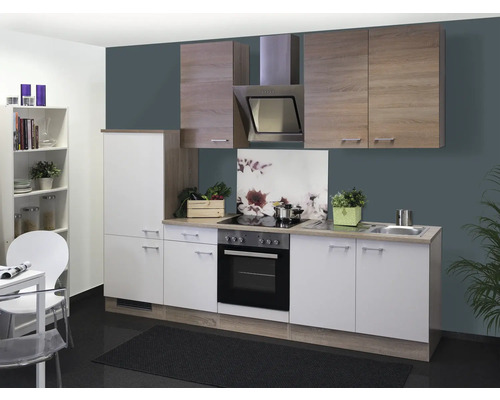 FLEX WELL Keukenblok zonder apparatuur Samoa wit en sonoma eiken mat 270x60 cm Moderne keuken met elektrische apparaten, gootsteen en hangkasten