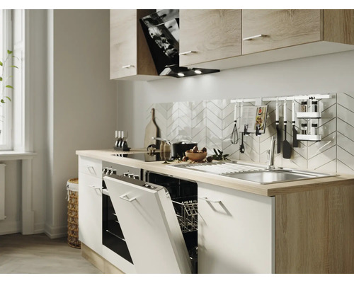 FLEX WELL Keukenblok zonder apparatuur Samoa wit en sonoma eiken mat 280x60 cm Lichte keuken met gootsteen, fornuis en open vaatwasser