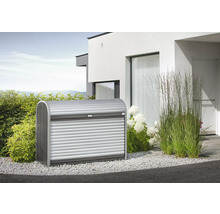 Metalen tuinkist met rolluik voor een modern huis