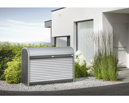 BIOHORT Containerberging Store Max 160 zilver-kwartsgrijs 163x78x120 cm Metalen tuinkist met rolluik voor een modern huis