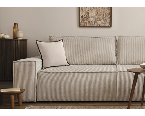 Ribfluwelen bank met kussen en bijzettafels in een woonkamer