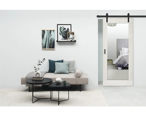 Woonkamer met bank, salontafels, wanddecoratie en schuifdeur met spiegel