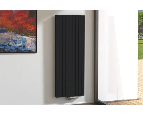 ROTHEIGNER Designradiator PANEL 1800 x 662 mm zwart aansluiting midden onder Verticale radiator voor wandmontage in een woonkamer met kunstwerk