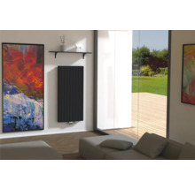Moderne woonkamer met zwarte radiator, kunstwerk en uitzicht op het groen.