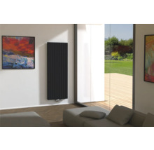Moderne woonkamer met designradiator, bank en schilderijen