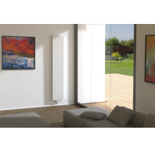 Moderne woonkamer met radiator, bank en kunstwerken