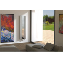 Moderne woonkamer met kunstwerk, spiegelradiator en groot raam met uitzicht op de tuin.