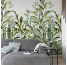 Woonkamer met fotobehang met jungle motieven