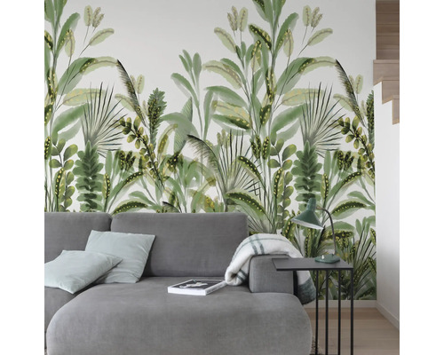 Woonkamer met fotobehang met jungle motieven