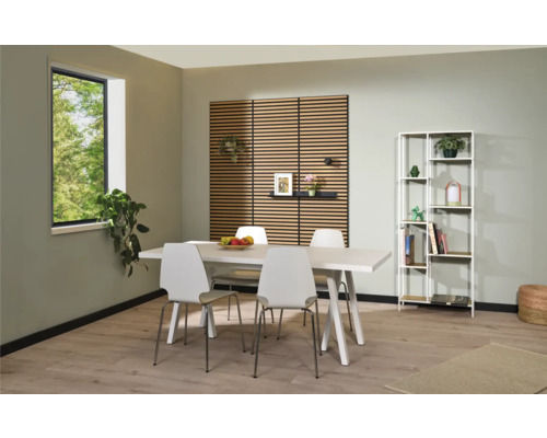 Lichte eetkamer met eettafel, stoelen, wandbekleding, rek en decoraties voor een gezellige sfeer.