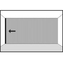 Illustratie van een houten schuifdeursysteem met een pijl die de schuifrichting aangeeft