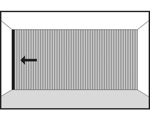 Illustratie van een houten schuifdeursysteem met een pijl die de schuifrichting aangeeft