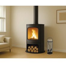 Houtkachel met hout en haardgereedschap in een lichte kamer