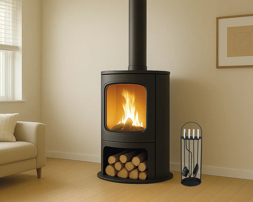 Houtkachel met hout en haardgereedschap in een lichte kamer