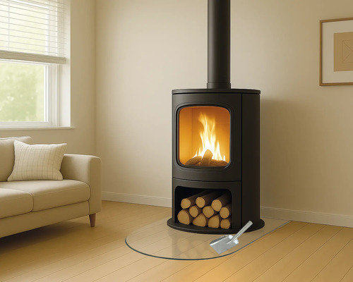 Houtkachel met brandhout, glazen beschermplaat en schep in een woonkamer.