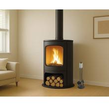 Vrijstaande metalen kachel met houtblokken en haardgereedschap in de woonkamer