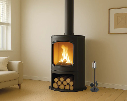 Vrijstaande metalen kachel met houtblokken en haardgereedschap in de woonkamer