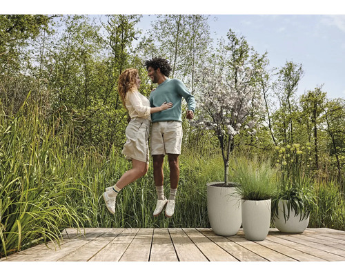 Scene met een paar dat op een houten terras springt voor drie plantenbakken. De plantenbakken bevatten planten.