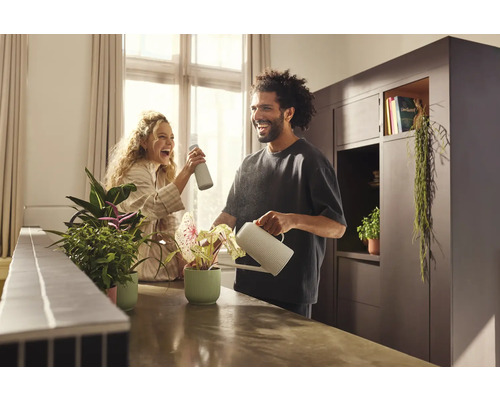 Man en vrouw verzorgen kamerplanten met een gieter en een spuitfles in een lichte ruimte.