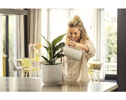 Vrouw geeft kamerplant in geribbelde bloempot water met een gieter in een lichte ruimte