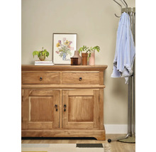 Houten dressoir met laden en deuren, versierd met planten en een ingelijste afbeelding, met daarnaast een kapstok