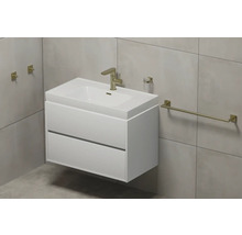 Badkamer met wastafelonderkast, wastafel, kraan, handdoekhouder, zeepdispenser en wandhaken