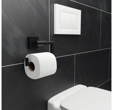 Metalen toiletpapierhouder, toiletspoeling en toilet in de badkamer